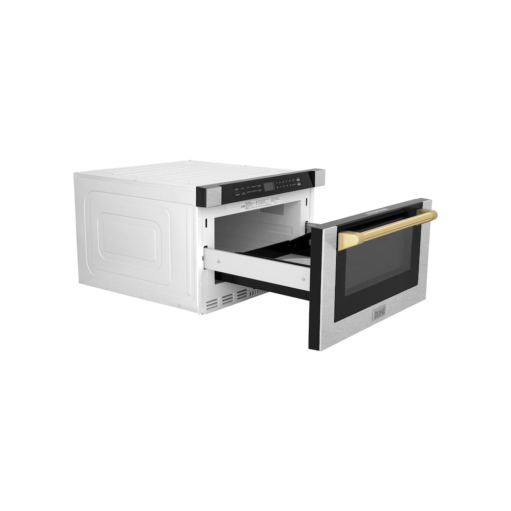ZLINE Autograph Edition 24-inch microwave in satin stainless steel and polished gold accents MWDZ-1-SS-H-G, door open