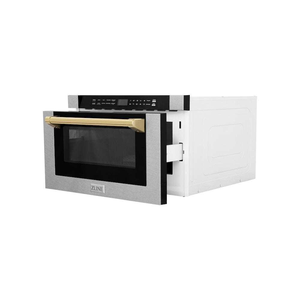ZLINE Autograph Edition 24-inch microwave in satin stainless steel and polished gold accents MWDZ-1-SS-H-G, door open