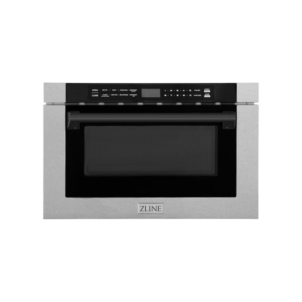 ZLINE Autograph Edition 24-inch microwave in satin stainless steel and matte black accents MWDZ-1-SS-H-MB, front view