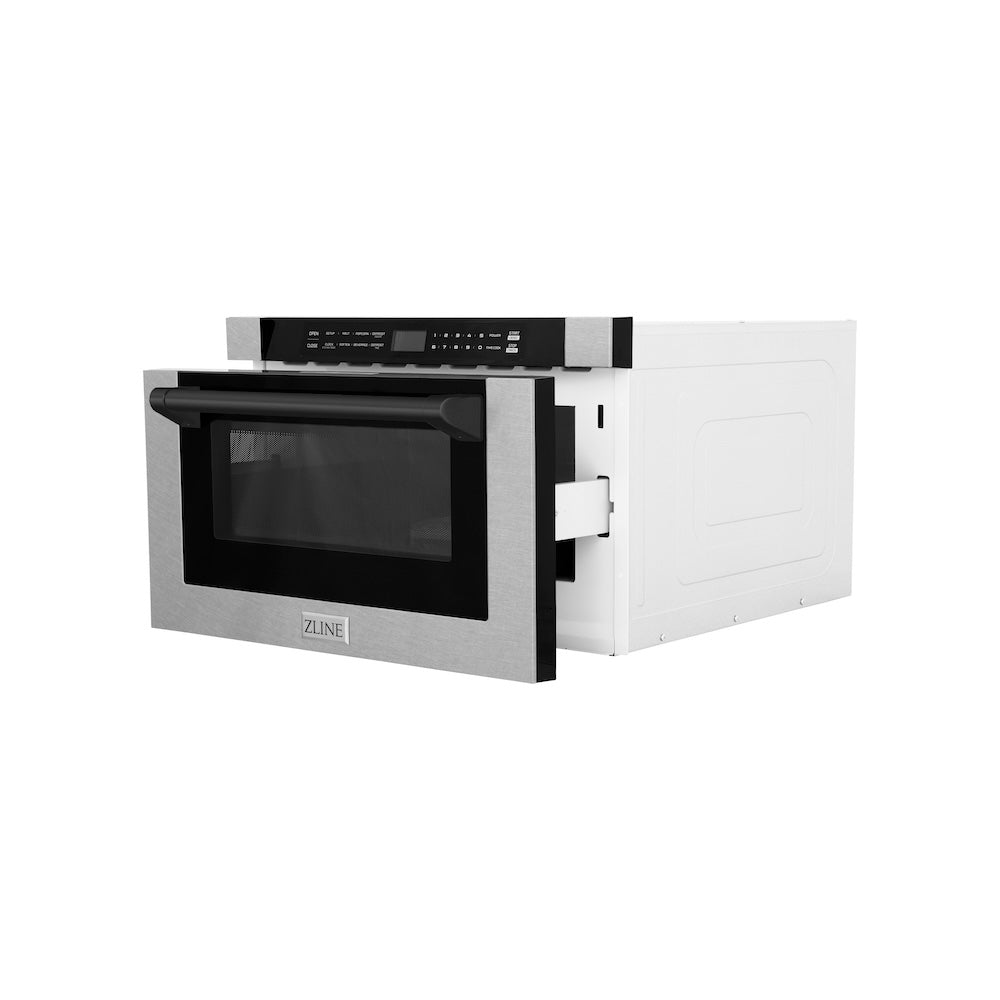 ZLINE Autograph Edition 24-inch microwave in satin stainless steel and matte black accents MWDZ-1-SS-H-MB, door open