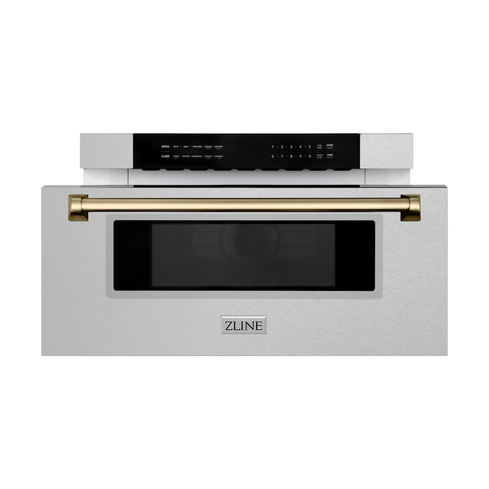 ZLINE Autograph Edition 30-inch microwave in satin stainless steel and champagne bronze accents MWDZ-30-SS-CB, front view