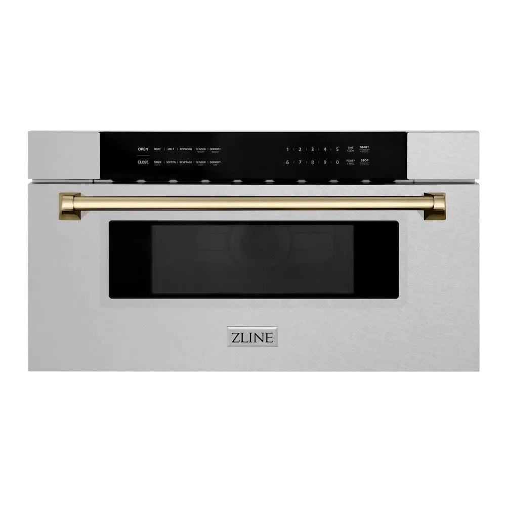 ZLINE Autograph Edition 30-inch microwave in satin stainless steel and champagne bronze accents MWDZ-30-SS-CB