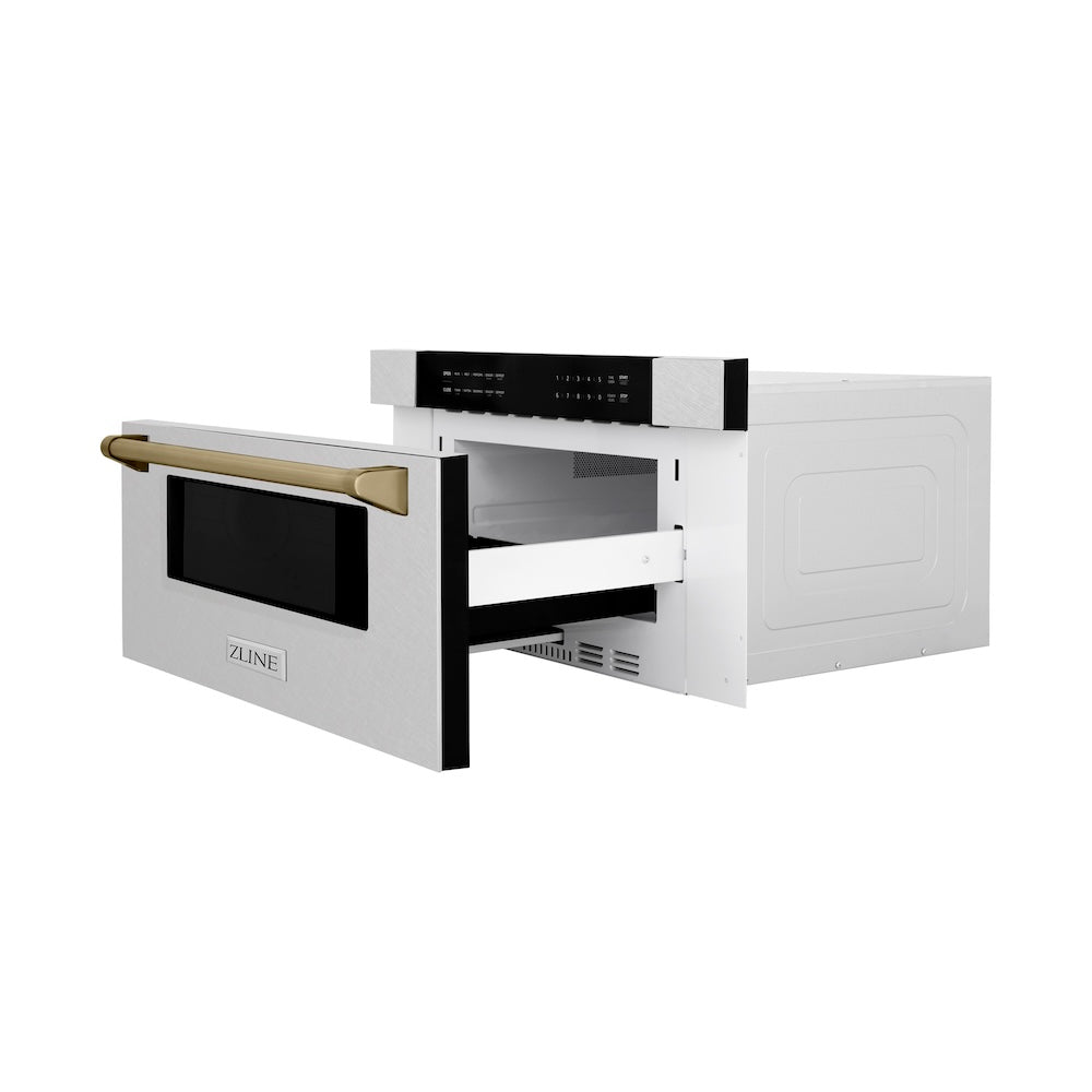 ZLINE Autograph Edition 30-inch microwave in satin stainless steel and champagne bronze accents MWDZ-30-SS-CB, door open