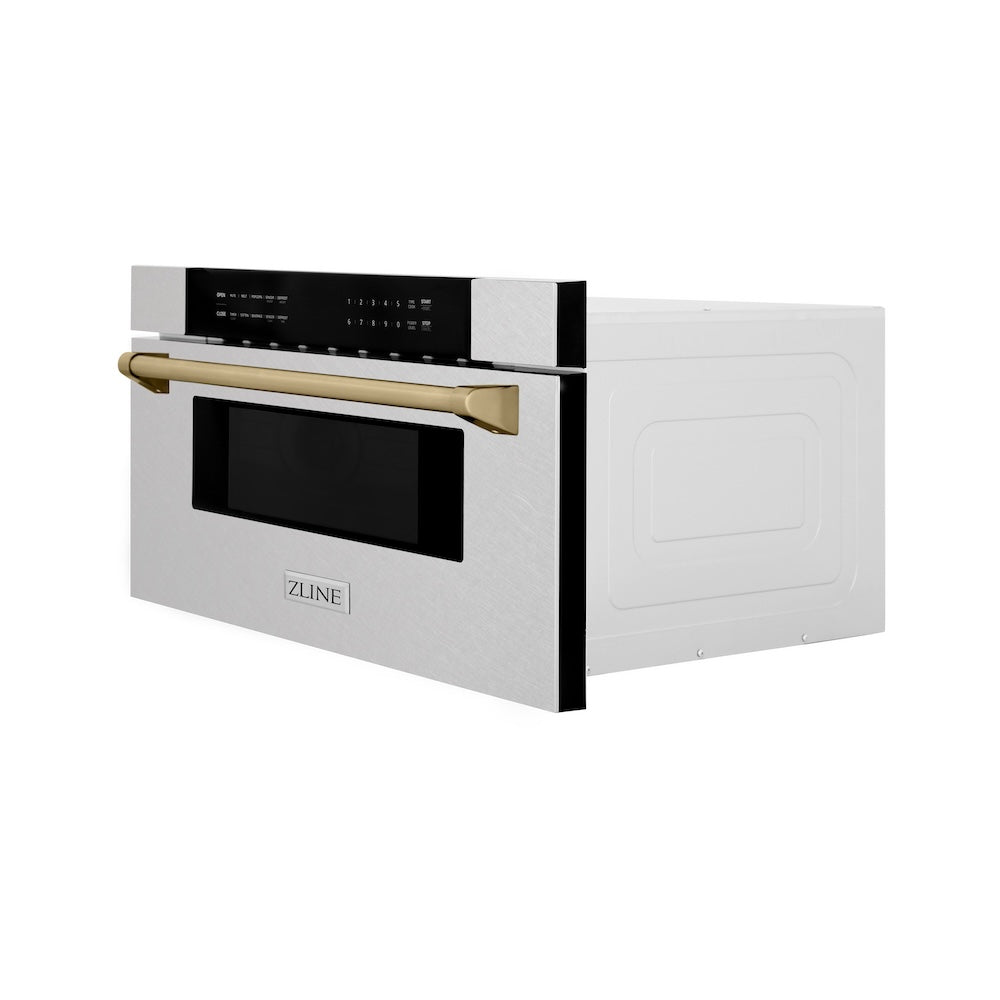 ZLINE Autograph Edition 30-inch microwave in satin stainless steel and champagne bronze accents MWDZ-30-SS-CB, side view