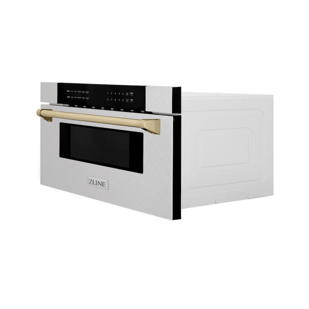 ZLINE Autograph Edition 30-inch microwave in satin stainless steel and polished gold accents MWDZ-30-SS-G, side view