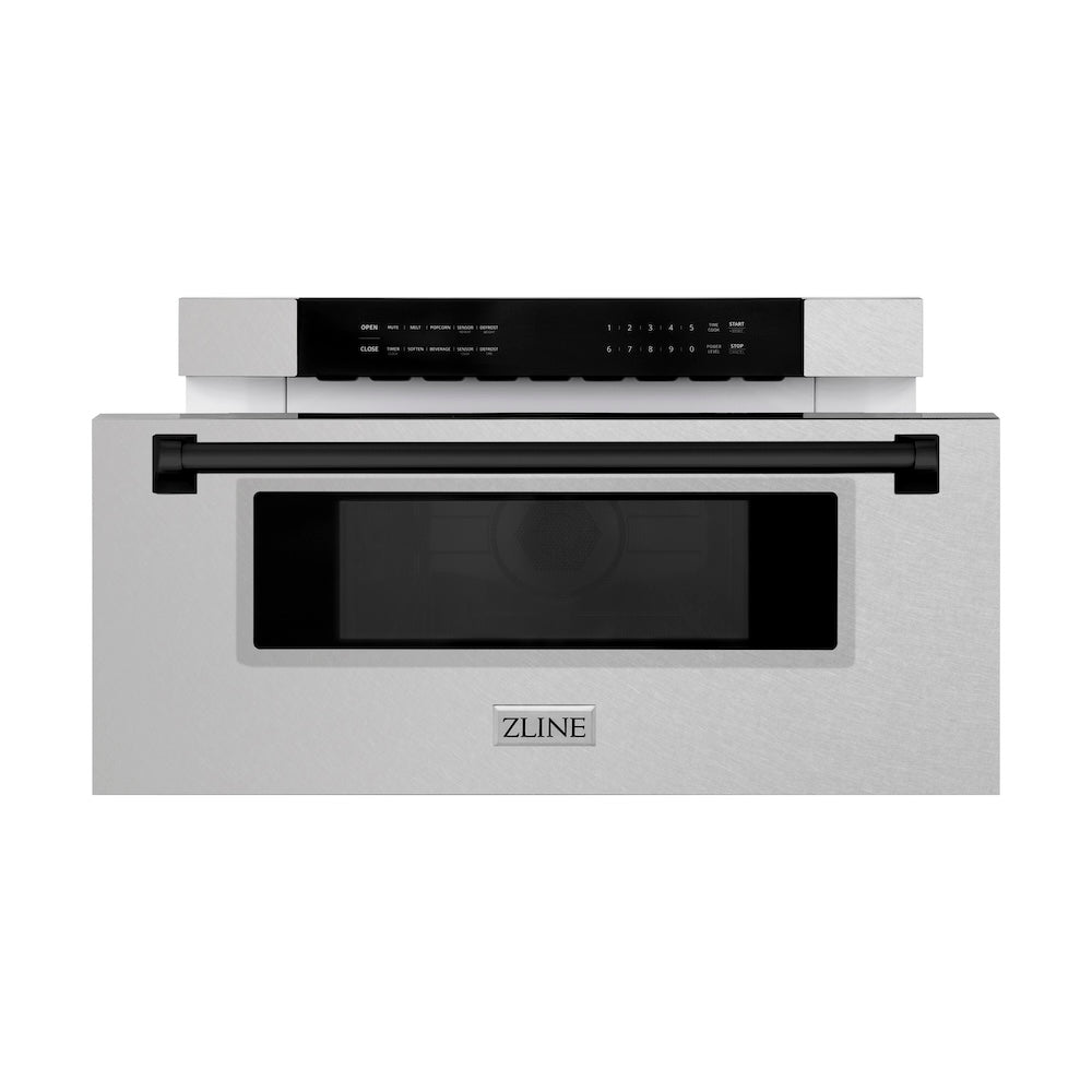 ZLINE Autograph Edition 30-inch microwave in satin stainless steel and matte black accents MWDZ-30-SS-MB, front view