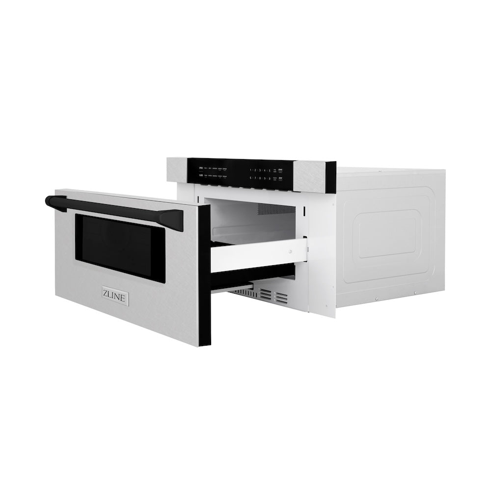 ZLINE Autograph Edition 30-inch microwave in satin stainless steel and matte black accents MWDZ-30-SS-MB, door open