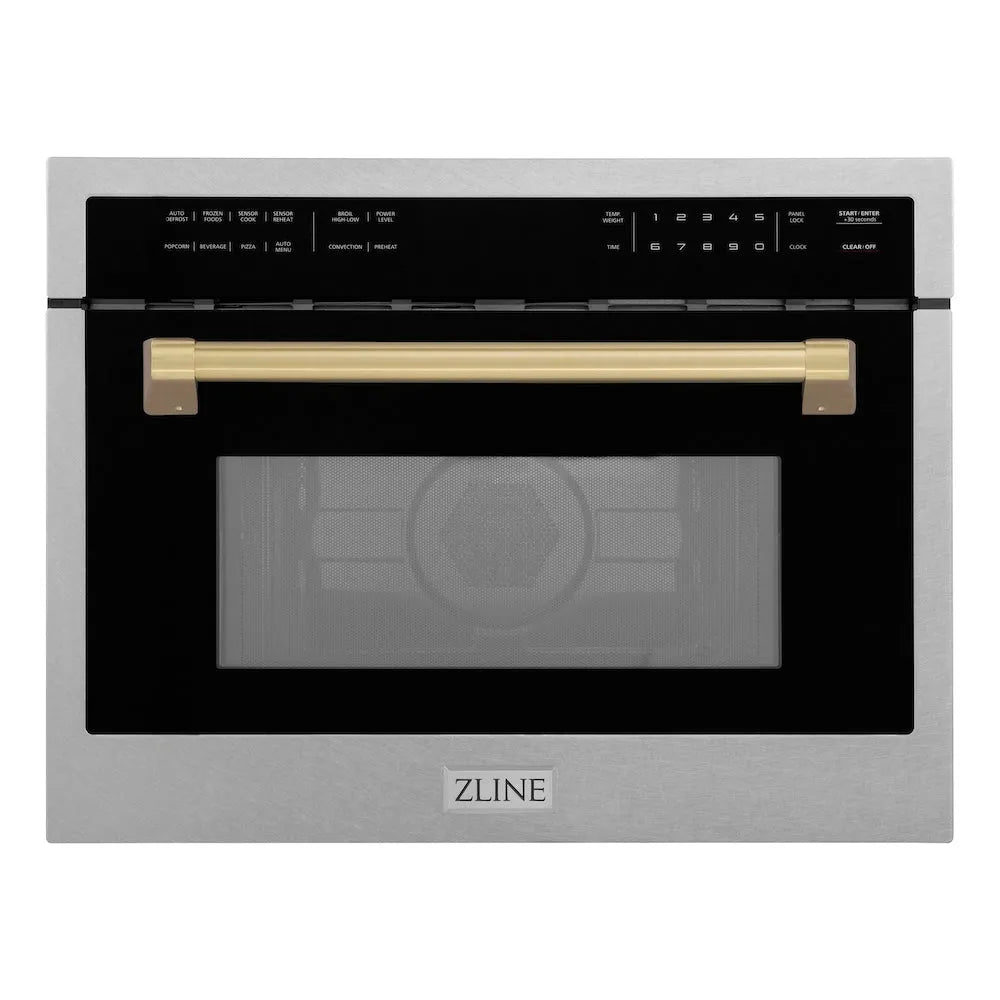 ZLINE Autograph Edition 24-inch microwave in satin stainless steel and champagne bronze accents MWOZ-24-SS-CB, front view
