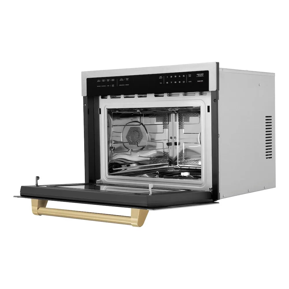 ZLINE Autograph Edition 24-inch microwave in satin stainless steel and champagne bronze accents MWOZ-24-SS-CB, door open