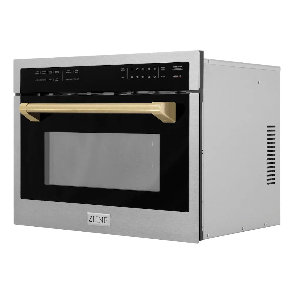 ZLINE Autograph Edition 24-inch microwave in satin stainless steel and champagne bronze accents MWOZ-24-SS-CB, side view