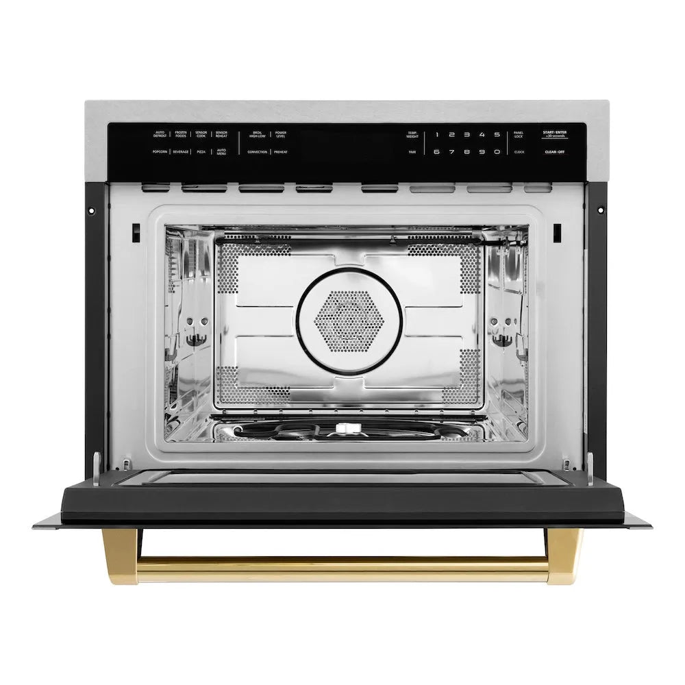 ZLINE Autograph Edition 24-inch microwave in satin stainless steel and polished gold accents MWOZ-24-SS-G, front view
