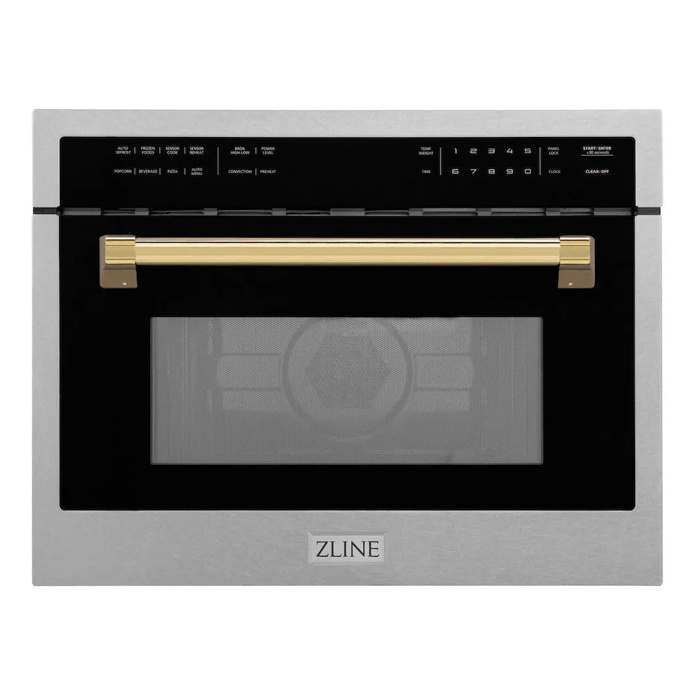 ZLINE Autograph Edition 24-inch microwave in satin stainless steel and polished gold accents MWOZ-24-SS-G