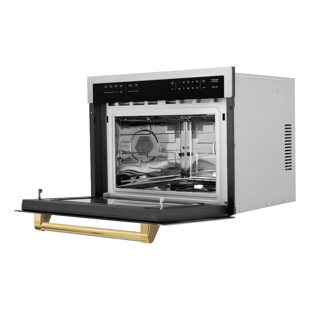 ZLINE Autograph Edition 24-inch microwave in satin stainless steel and polished gold accents MWOZ-24-SS-G, door open