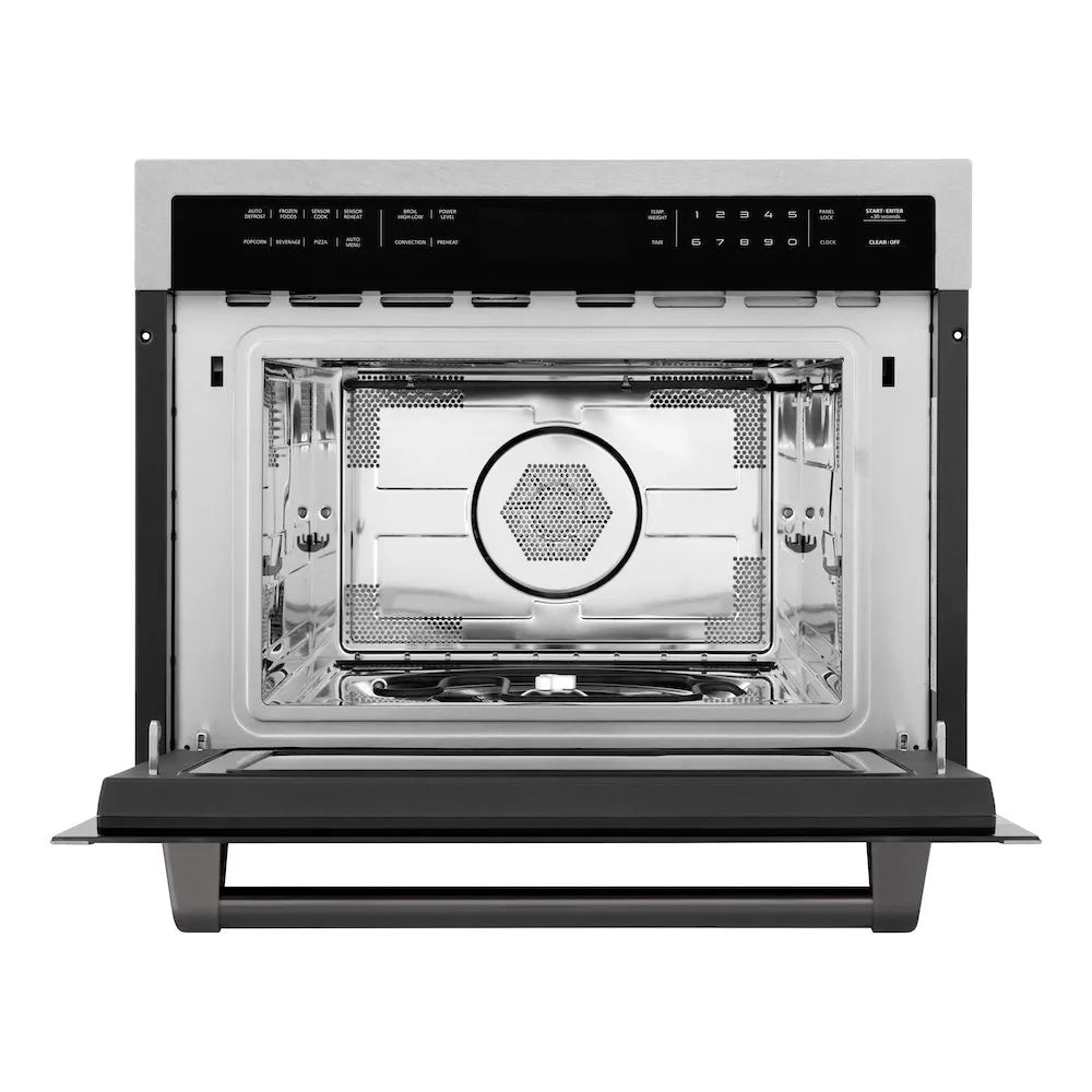 ZLINE Autograph Edition 24-inch microwave in satin stainless steel and matte black accents MWOZ-24-SS-MB, front view