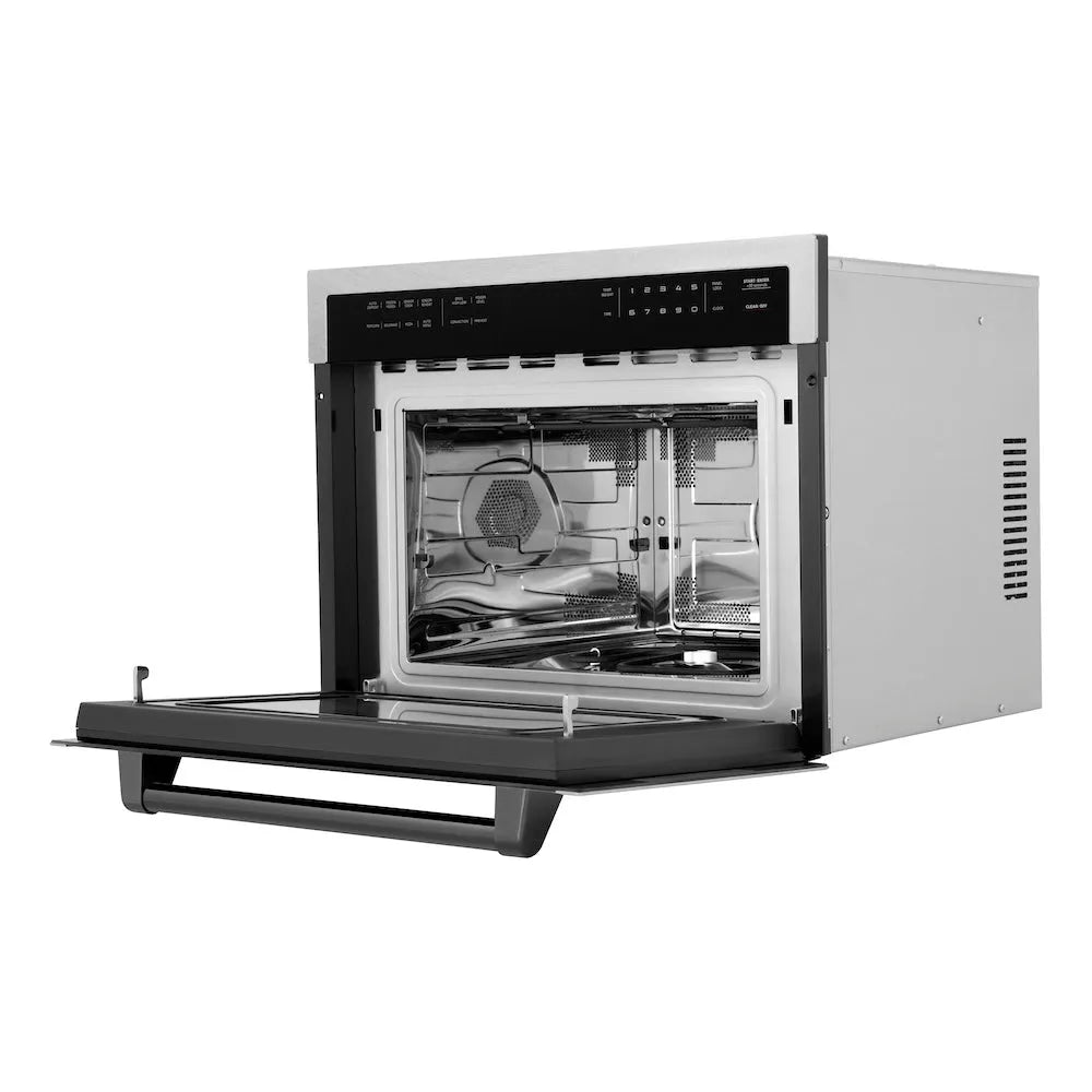 ZLINE Autograph Edition 24-inch microwave in satin stainless steel and matte black accents MWOZ-24-SS-MB, door open