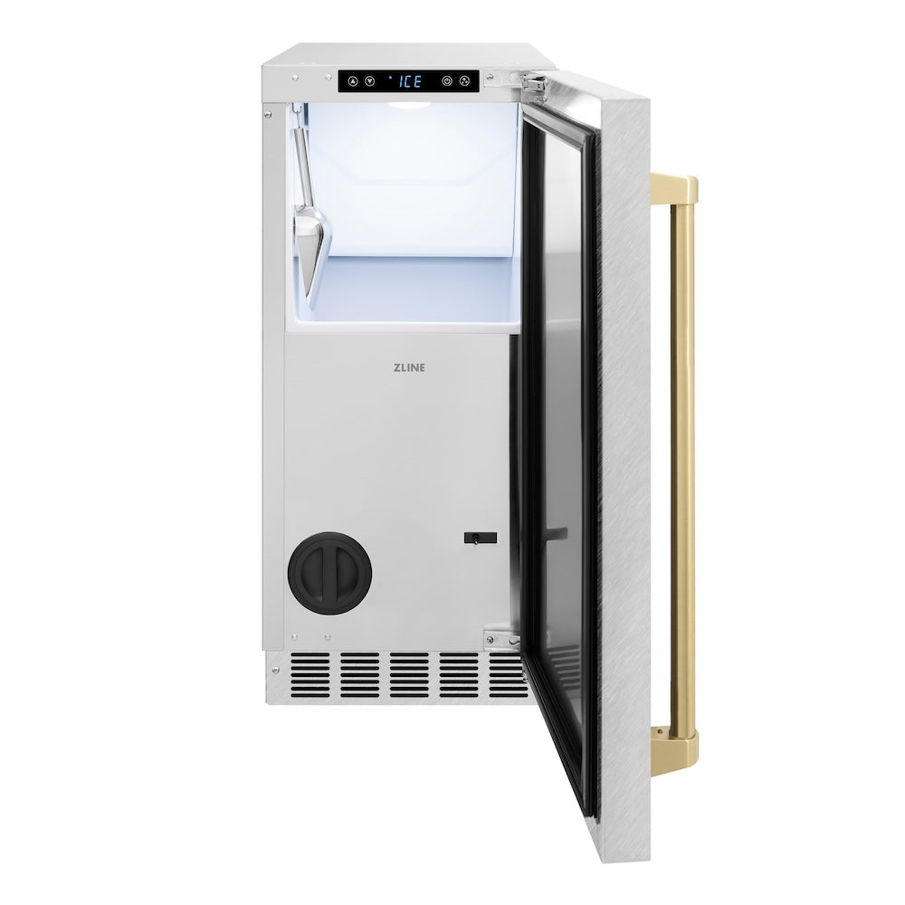ZLINE Autograph Edition Touchstone 15-inch ice maker in satin stainless steel and champagne bronze accents ICCDZ-SN-15-CB, front view