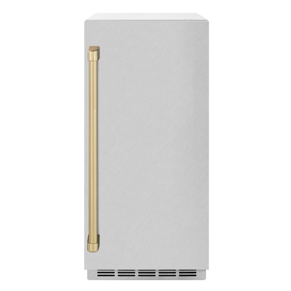 ZLINE Autograph Edition Touchstone 15-inch ice maker in satin stainless steel and champagne bronze accents ICCDZ-SN-15-CB