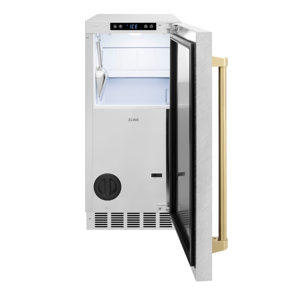 ZLINE Autograph Edition Touchstone 15-inch ice maker in satin stainless steel and champagne bronze accents IGMDZ-SN-15-CB, front view