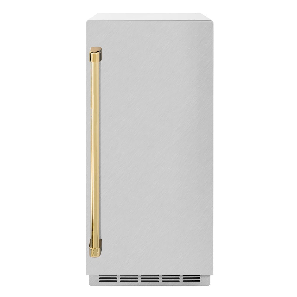 ZLINE Autograph Edition Touchstone 15-inch ice maker in satin stainless steel and polished gold accents IGMDZ-SN-15-G