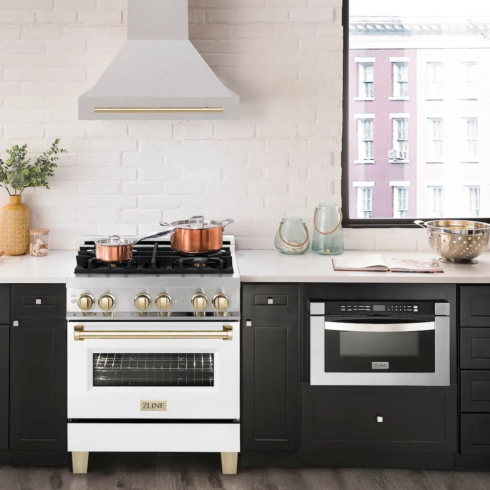 ZLINE Autograph Edition 30-inch range hood in satin stainless steel and polished gold accents 8654SNZ-30-G, front view