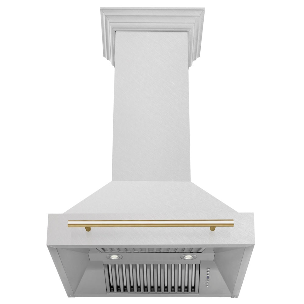 ZLINE Autograph Edition 30-inch range hood in satin stainless steel and polished gold accents 8654SNZ-30-G, front view