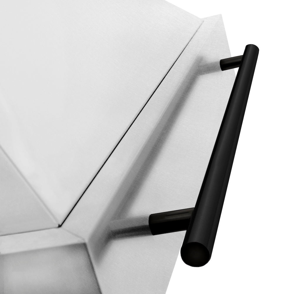 ZLINE Autograph Edition 30-inch range hood in satin stainless steel and matte black accents 8654SNZ-30-MB, detail
