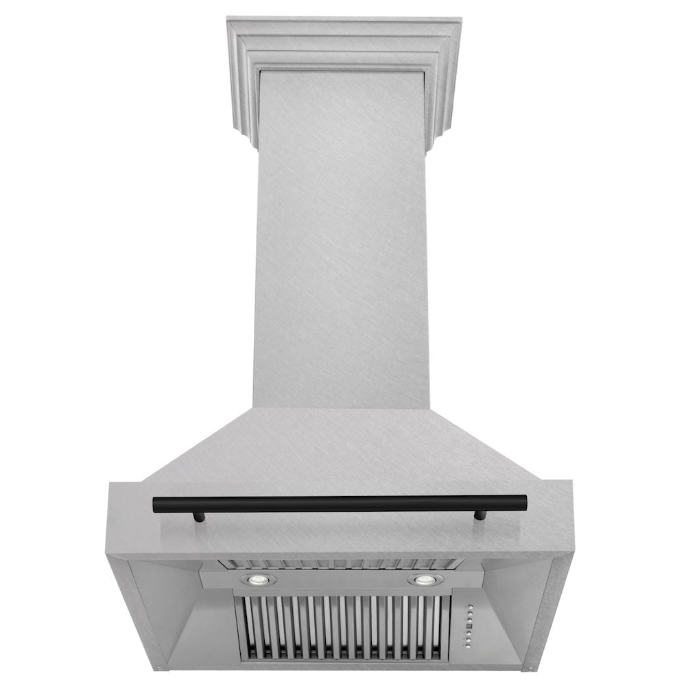 ZLINE Autograph Edition 30-inch range hood in satin stainless steel and matte black accents 8654SNZ-30-MB, front view