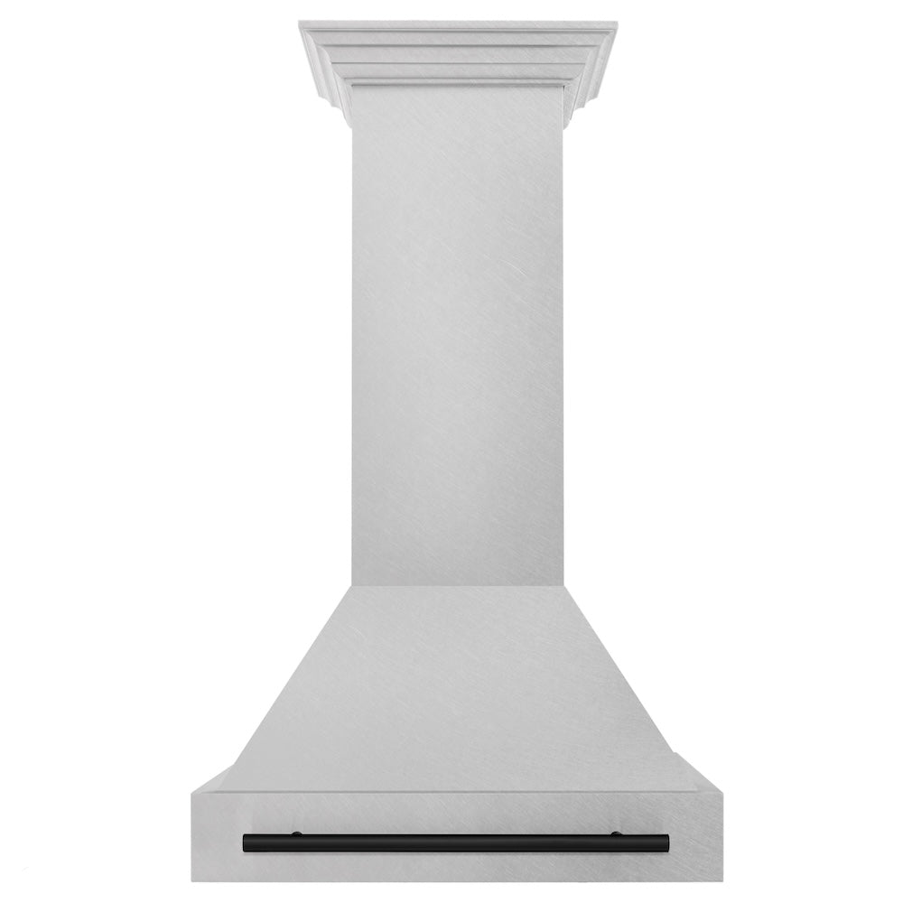 ZLINE Autograph Edition 30-inch range hood in satin stainless steel and matte black accents 8654SNZ-30-MB, front view