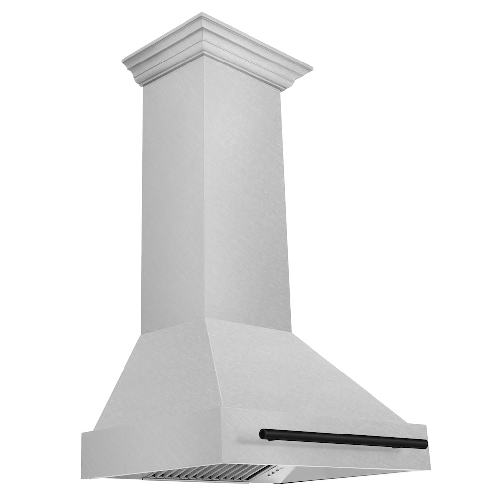 ZLINE Autograph Edition 30-inch range hood in satin stainless steel and matte black accents 8654SNZ-30-MB