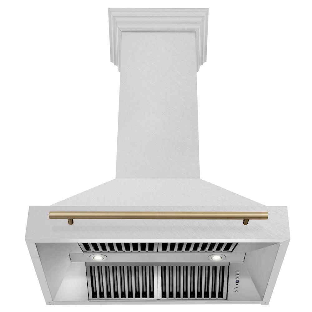 ZLINE Autograph Edition 36-inch range hood in satin stainless steel and champagne bronze accents 8654SNZ-36-CB, front view
