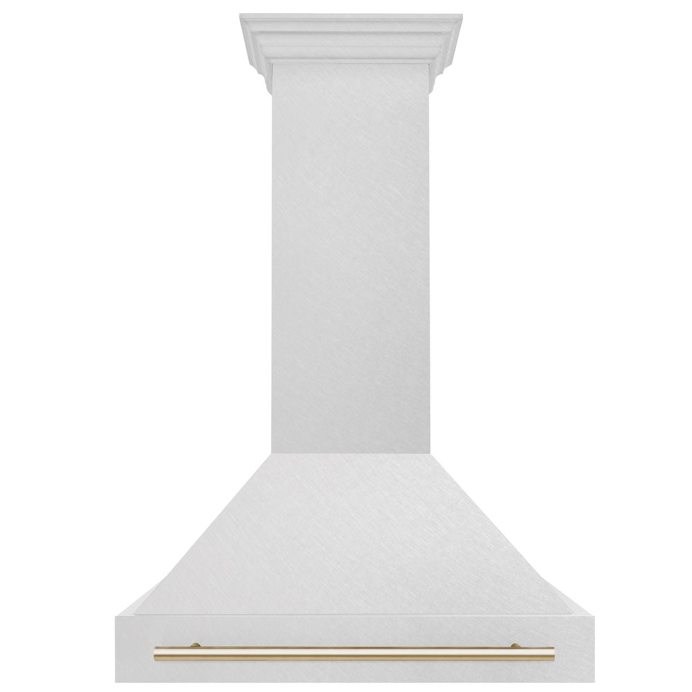 ZLINE Autograph Edition 36-inch range hood in satin stainless steel and polished gold accents 8654SNZ-36-G, front view