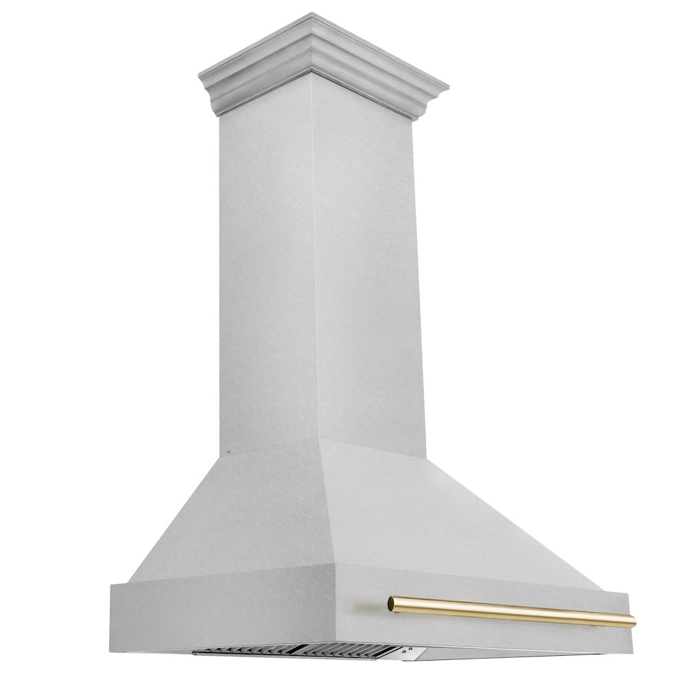 ZLINE Autograph Edition 36-inch range hood in satin stainless steel and polished gold accents 8654SNZ-36-G