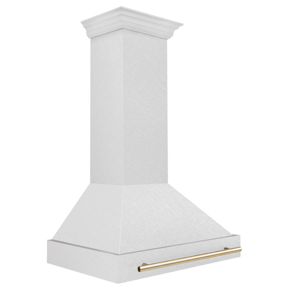 ZLINE Autograph Edition 36-inch range hood in satin stainless steel and polished gold accents 8654SNZ-36-G, side view