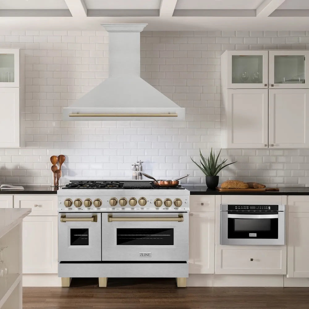 ZLINE Autograph Edition 48-inch range hood in satin stainless steel and champagne bronze accents 8654SNZ-48-CB, view 2