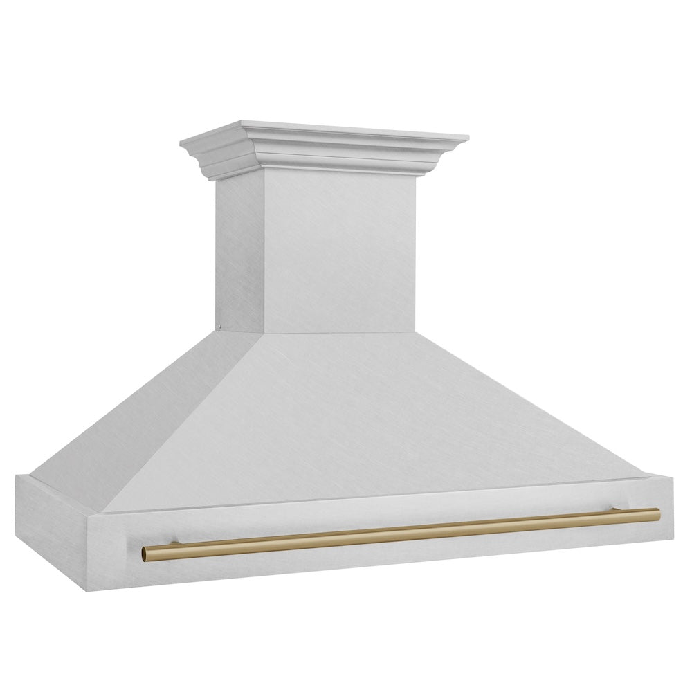 ZLINE Autograph Edition 48-inch range hood in satin stainless steel and champagne bronze accents 8654SNZ-48-CB, side view
