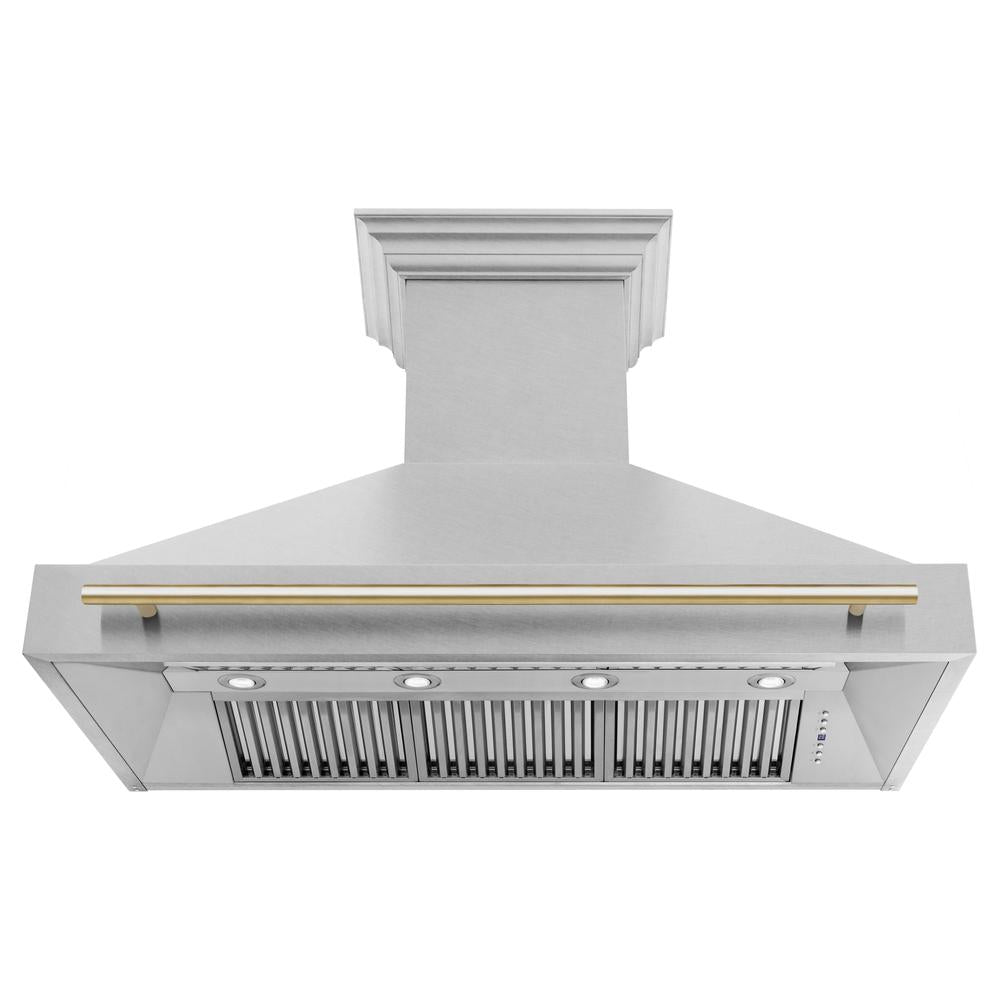 ZLINE Autograph Edition 48-inch range hood in satin stainless steel and polished gold accents 8654SNZ-48-G, front view