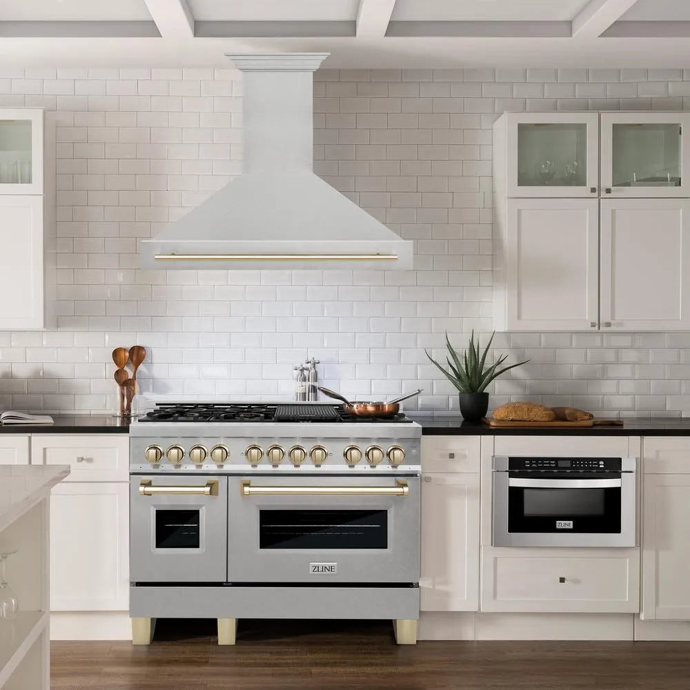 ZLINE Autograph Edition 48-inch range hood in satin stainless steel and polished gold accents 8654SNZ-48-G, view 2
