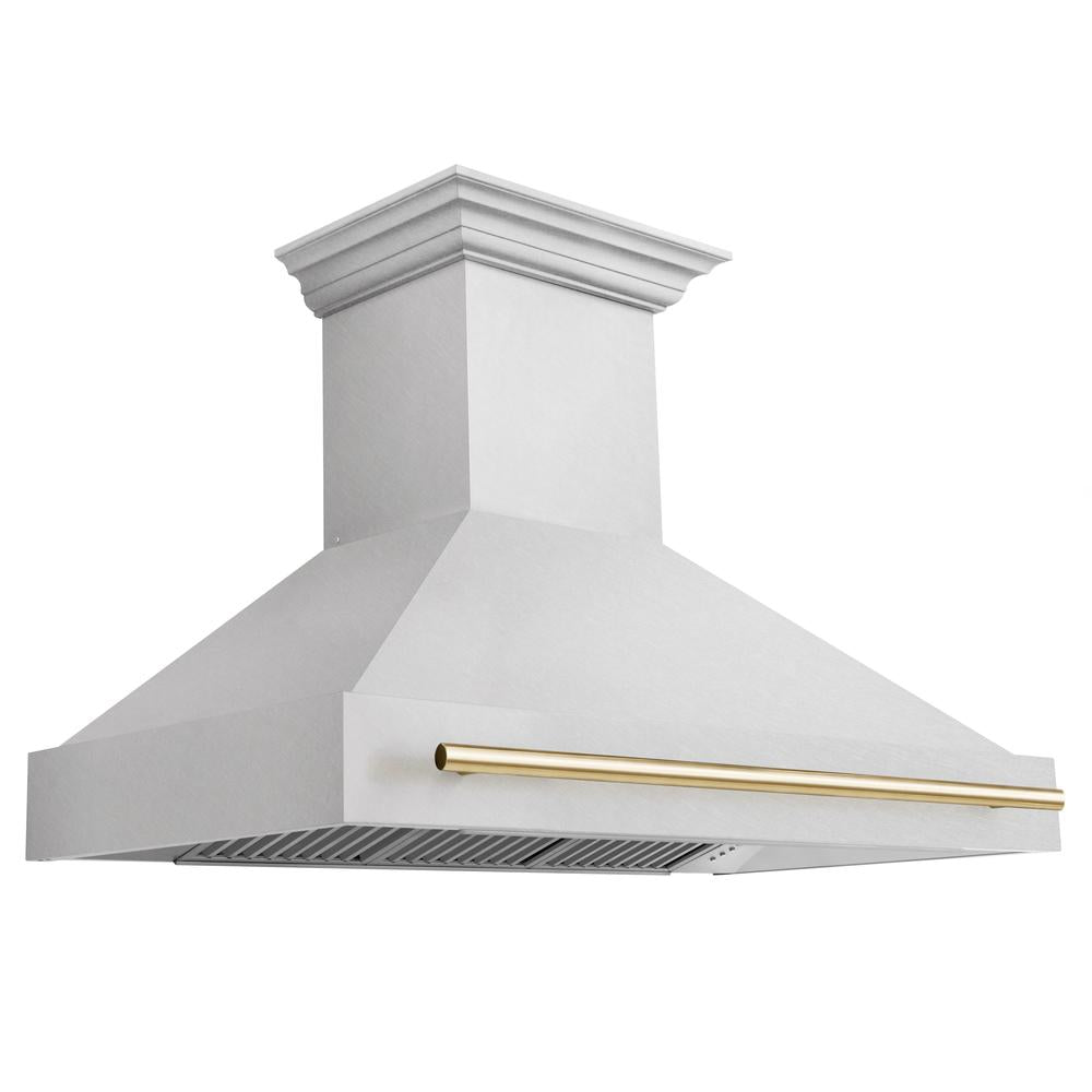 ZLINE Autograph Edition 48-inch range hood in satin stainless steel and polished gold accents 8654SNZ-48-G