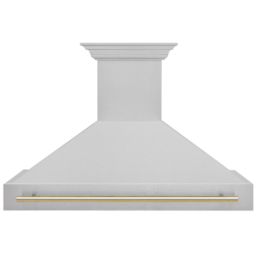 ZLINE Autograph Edition 48-inch range hood in satin stainless steel and polished gold accents 8654SNZ-48-G, front view