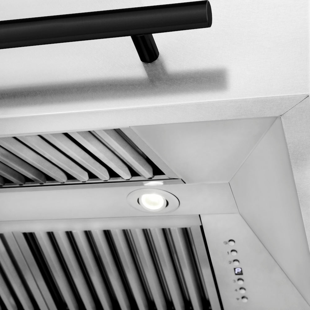 ZLINE Autograph Edition 48-inch range hood in satin stainless steel and matte black accents 8654SNZ-48-MB, detail