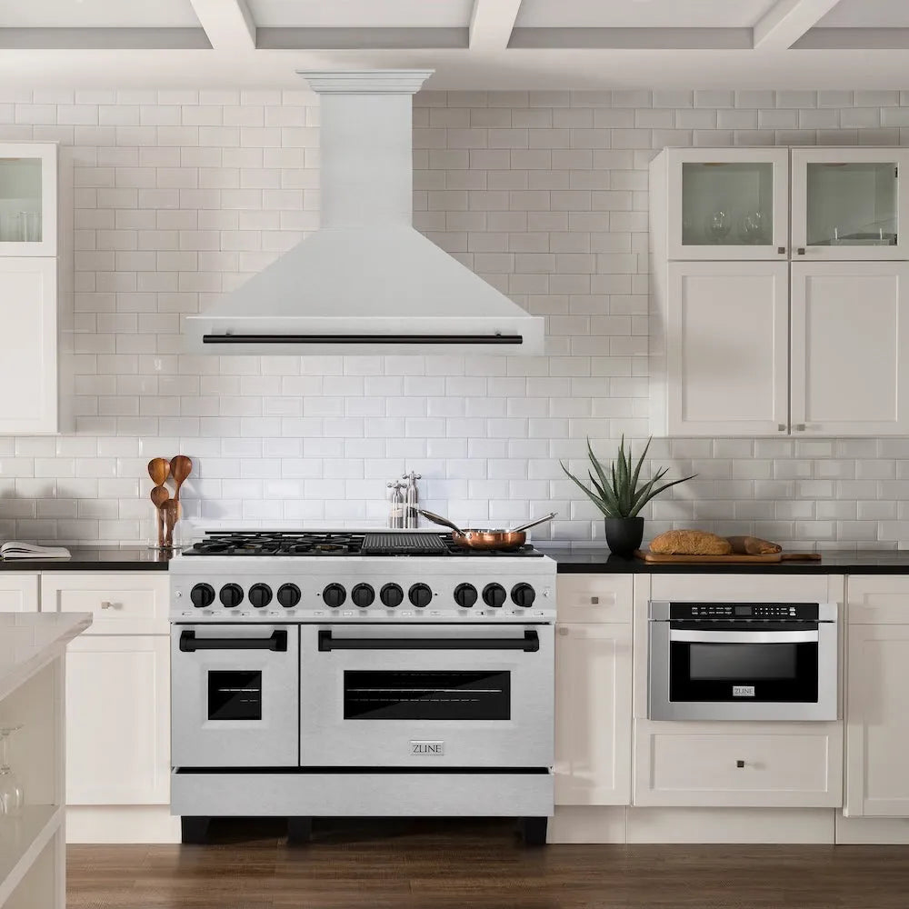 ZLINE Autograph Edition 48-inch range hood in satin stainless steel and matte black accents 8654SNZ-48-MB, view 2