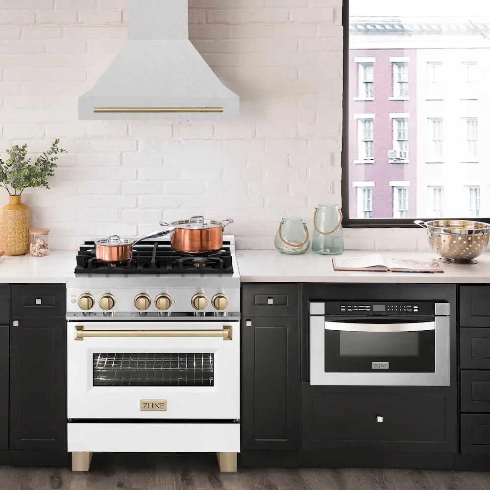 ZLINE Autograph Edition 30-inch range hood in satin stainless steel and champagne bronze accents 8654SNZ-30-CB, front view