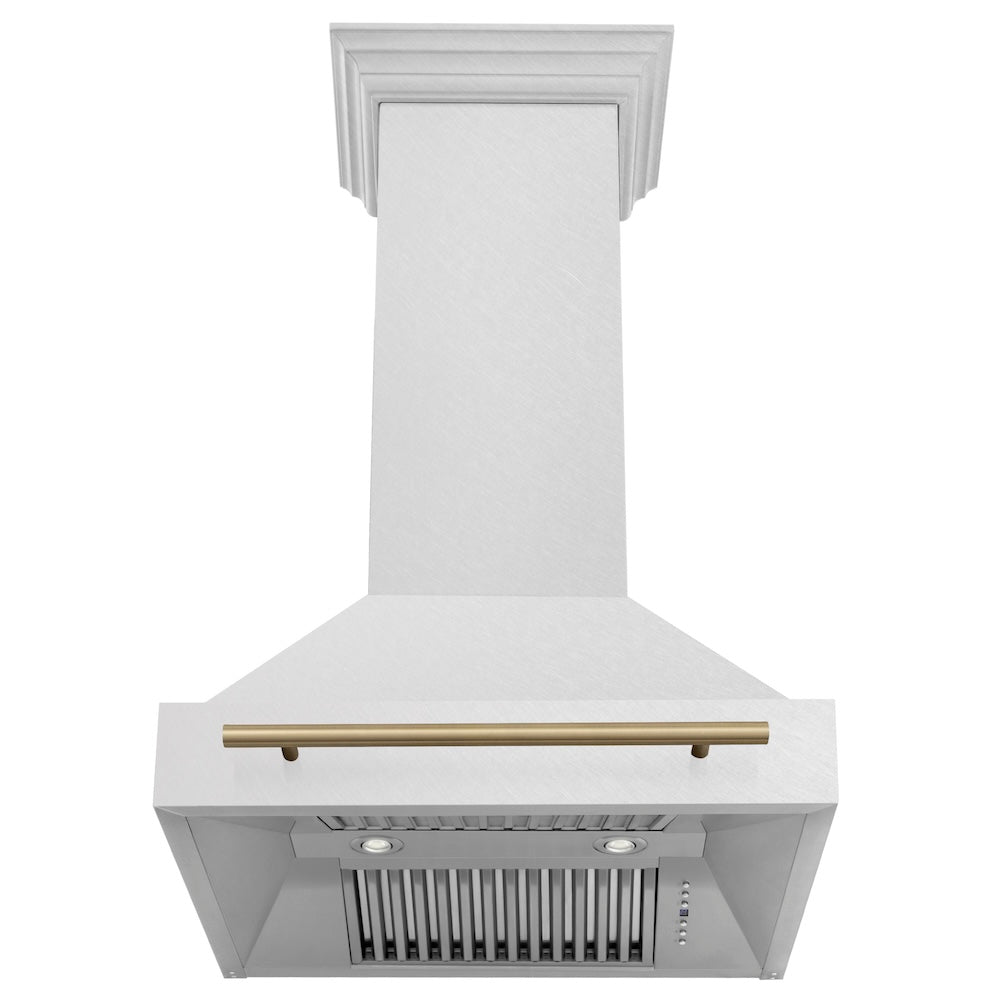 ZLINE Autograph Edition 30-inch range hood in satin stainless steel and champagne bronze accents 8654SNZ-30-CB, front view
