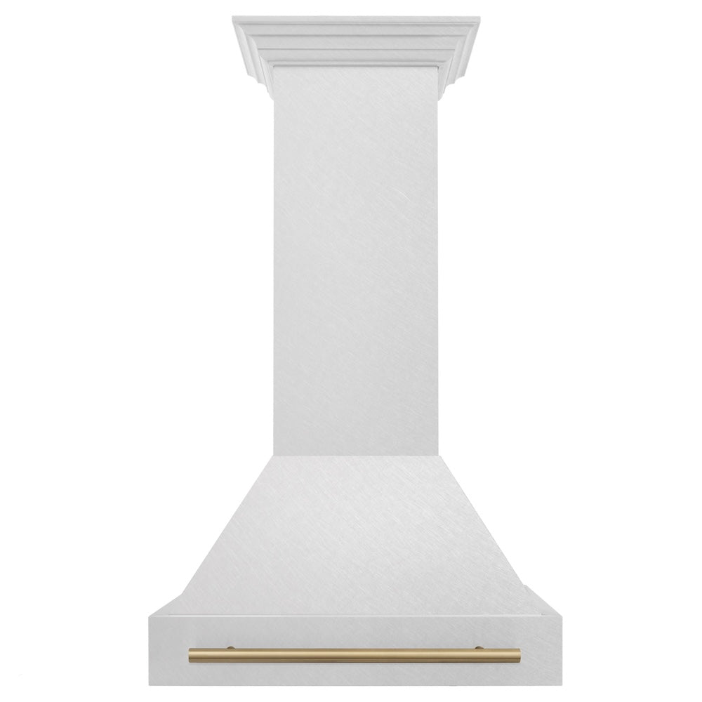 ZLINE Autograph Edition 30-inch range hood in satin stainless steel and champagne bronze accents 8654SNZ-30-CB, front view