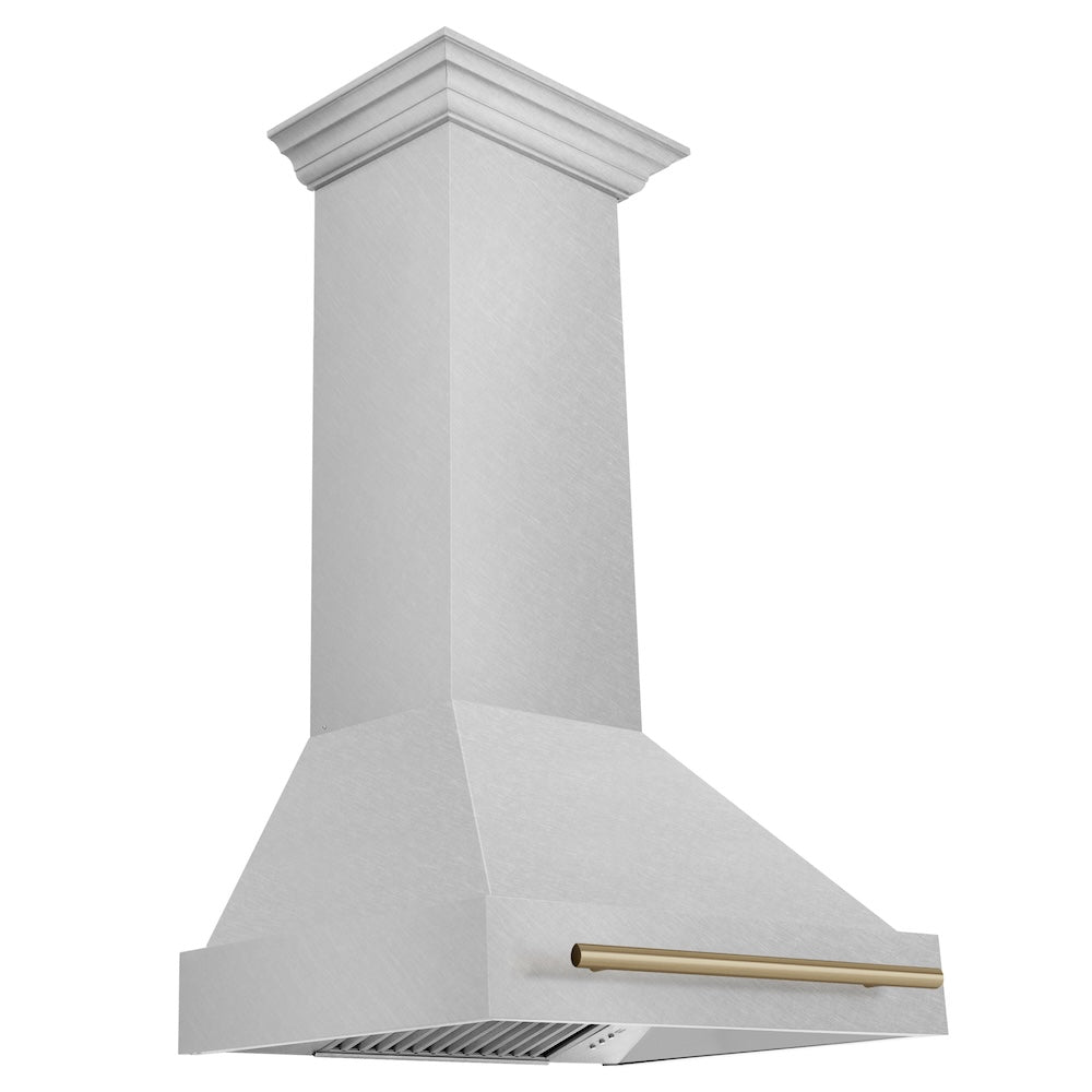 ZLINE Autograph Edition 30-inch range hood in satin stainless steel and champagne bronze accents 8654SNZ-30-CB