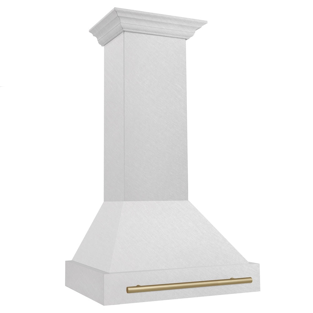 ZLINE Autograph Edition 30-inch range hood in satin stainless steel and champagne bronze accents 8654SNZ-30-CB, side view