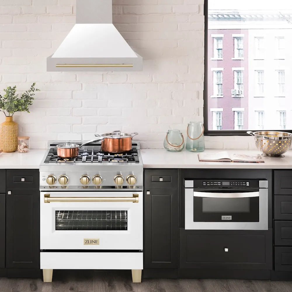 ZLINE Autograph Edition 30-inch range hood in satin stainless steel and polished gold accents 8654SNZ-WM30-G, front view