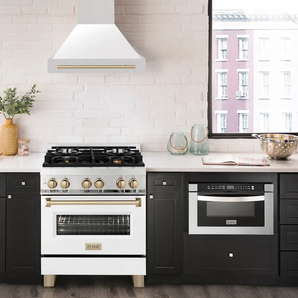 ZLINE Autograph Edition 30-inch range hood in satin stainless steel and champagne bronze accents 8654SNZ-WM30-CB, front view