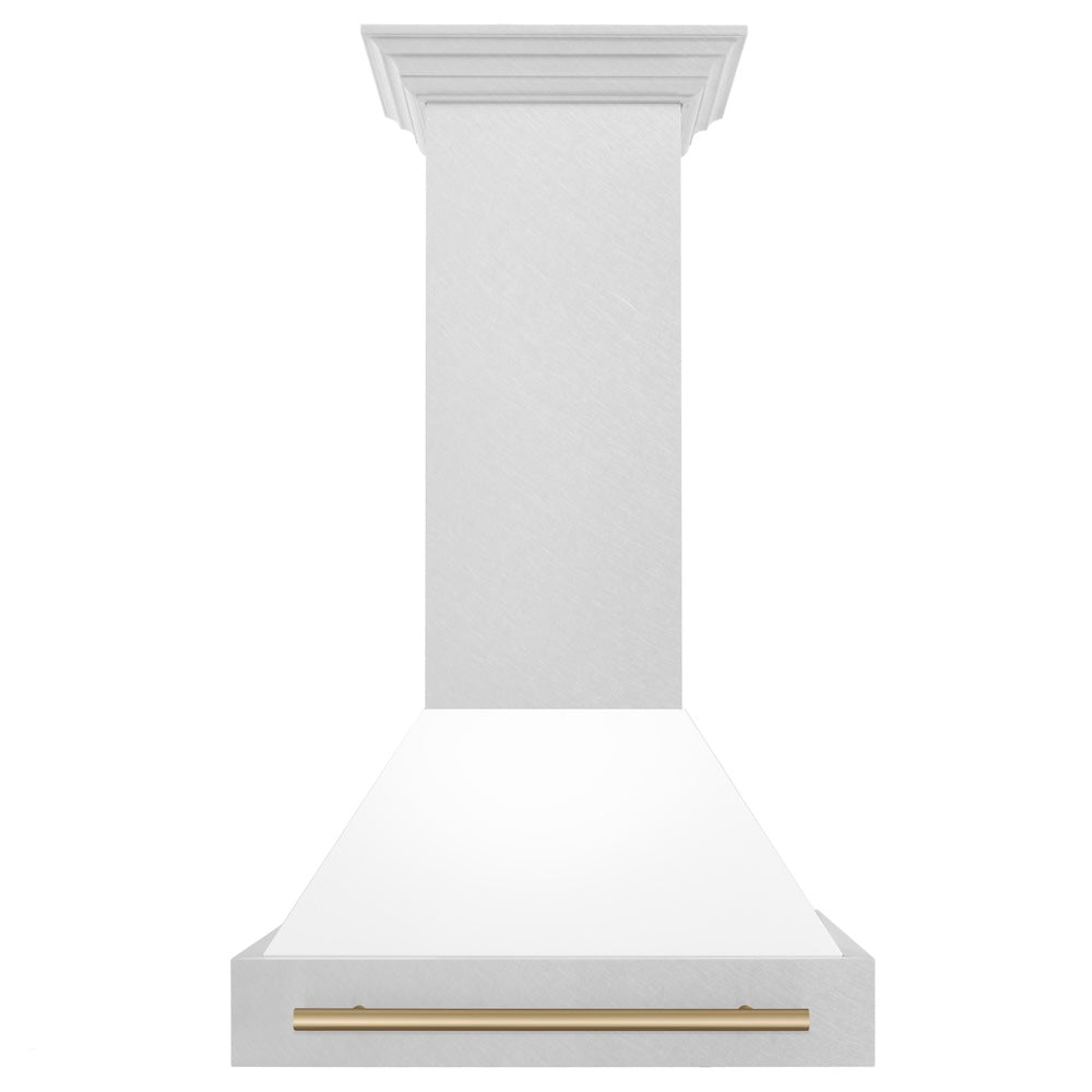 ZLINE Autograph Edition 30-inch range hood in satin stainless steel and champagne bronze accents 8654SNZ-WM30-CB, front view