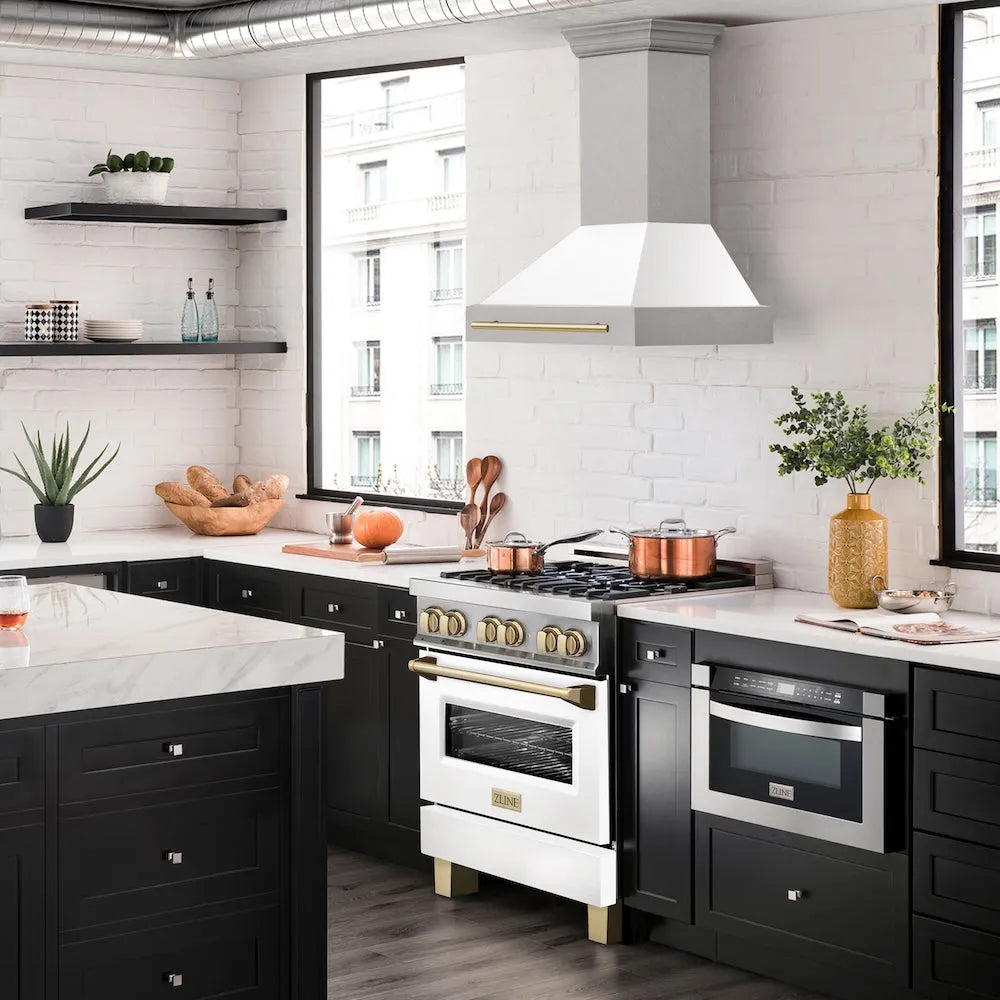 ZLINE Autograph Edition 30-inch range hood in satin stainless steel and polished gold accents 8654SNZ-WM30-G, side view